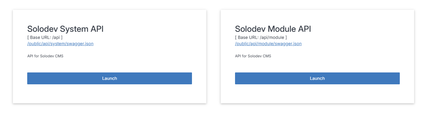 API page with Solodev System API and Solodev Module API cards
