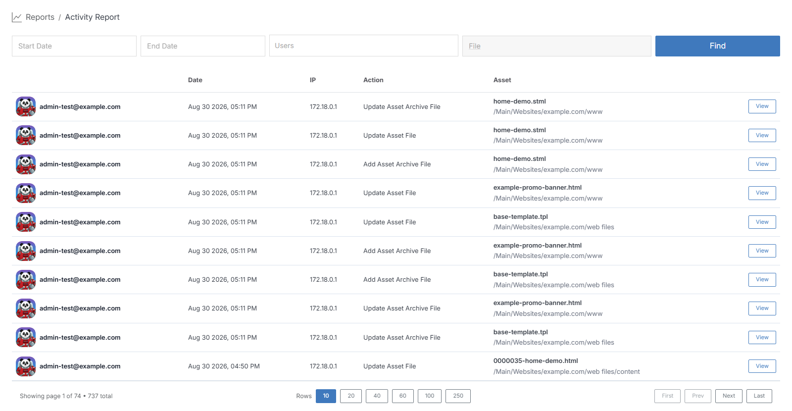 Activity Report with filters and a real activity log