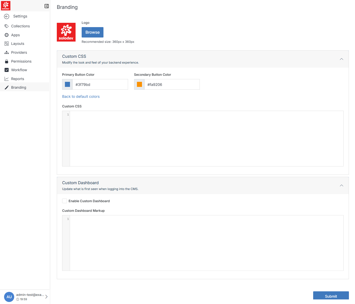 Branding page, with Custom CSS and Custom Dashboard expanded