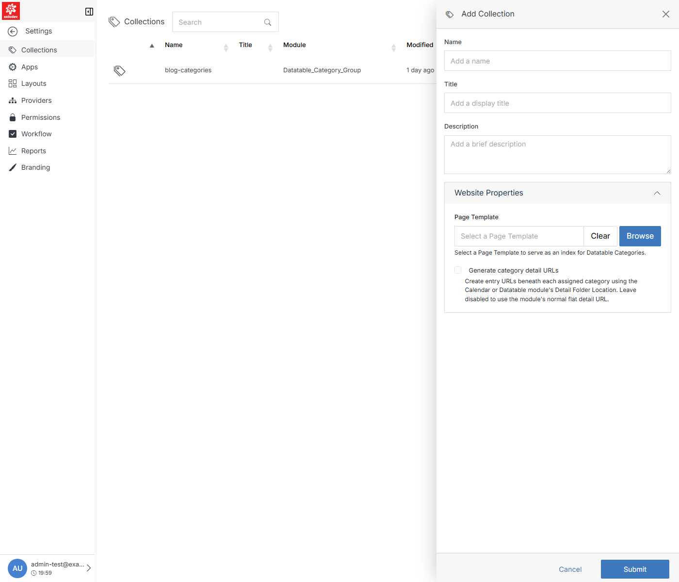 Add Collection form with Website Properties expanded