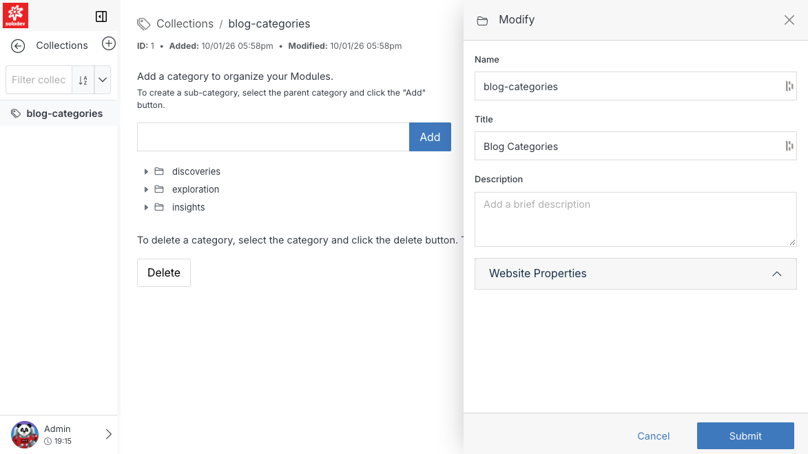 Collection detail page, with Modify/Delete actions and the category tree