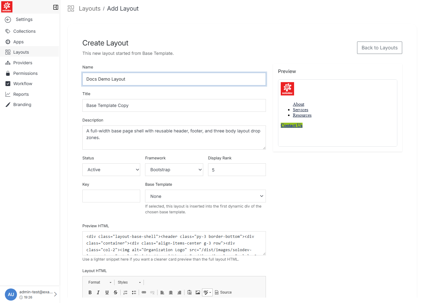 Add Layout form, pre-filled from Base Template, with a live preview panel