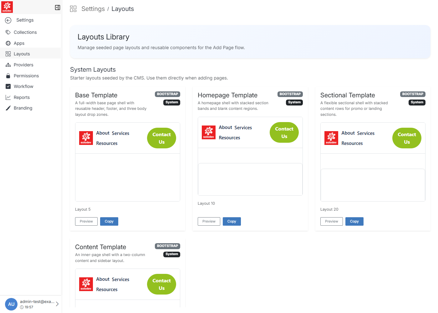 Layouts Library, listing System Layouts and Page Components
