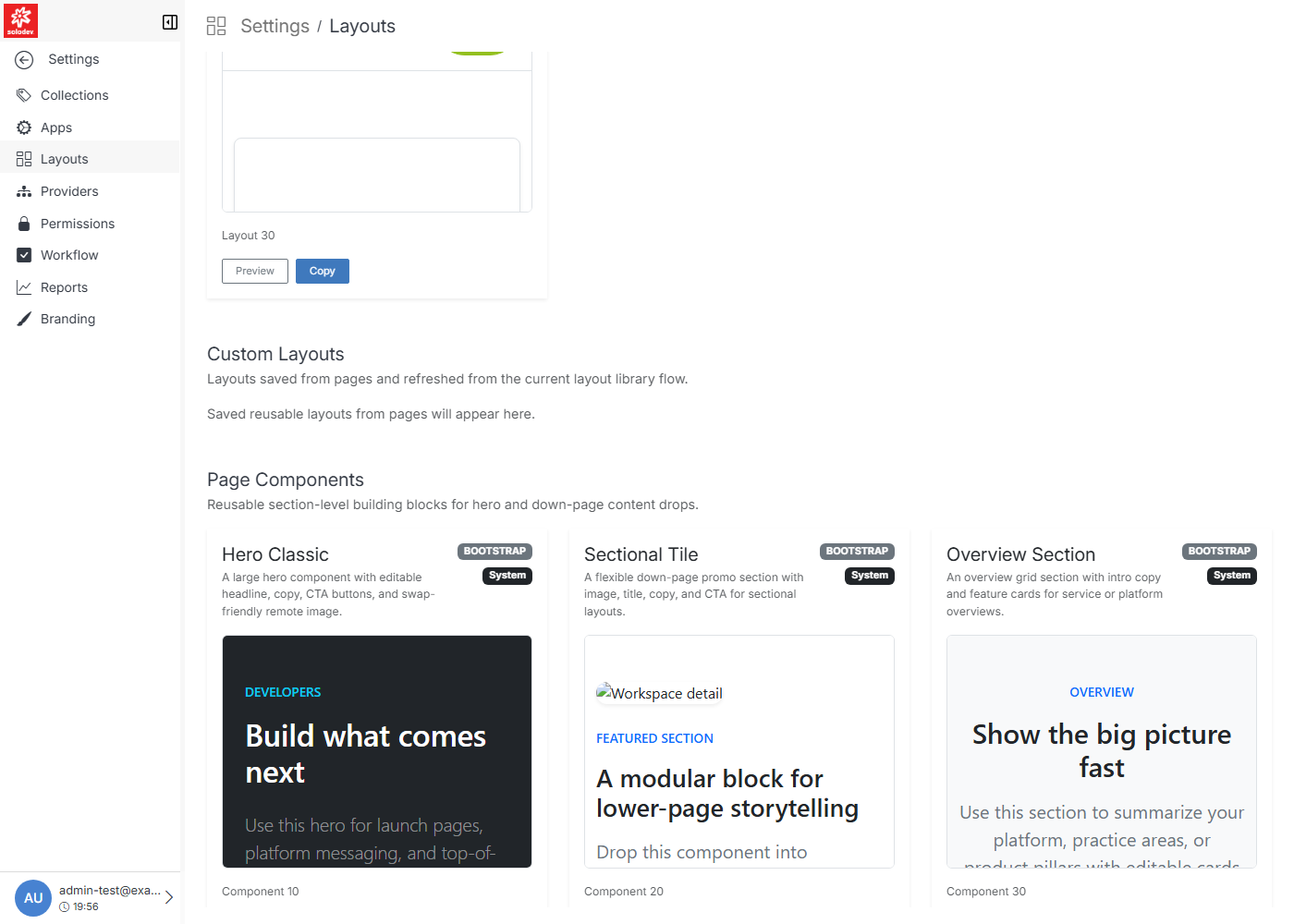 Page Components library, showing Hero Classic, Sectional Tile, and Overview Section
