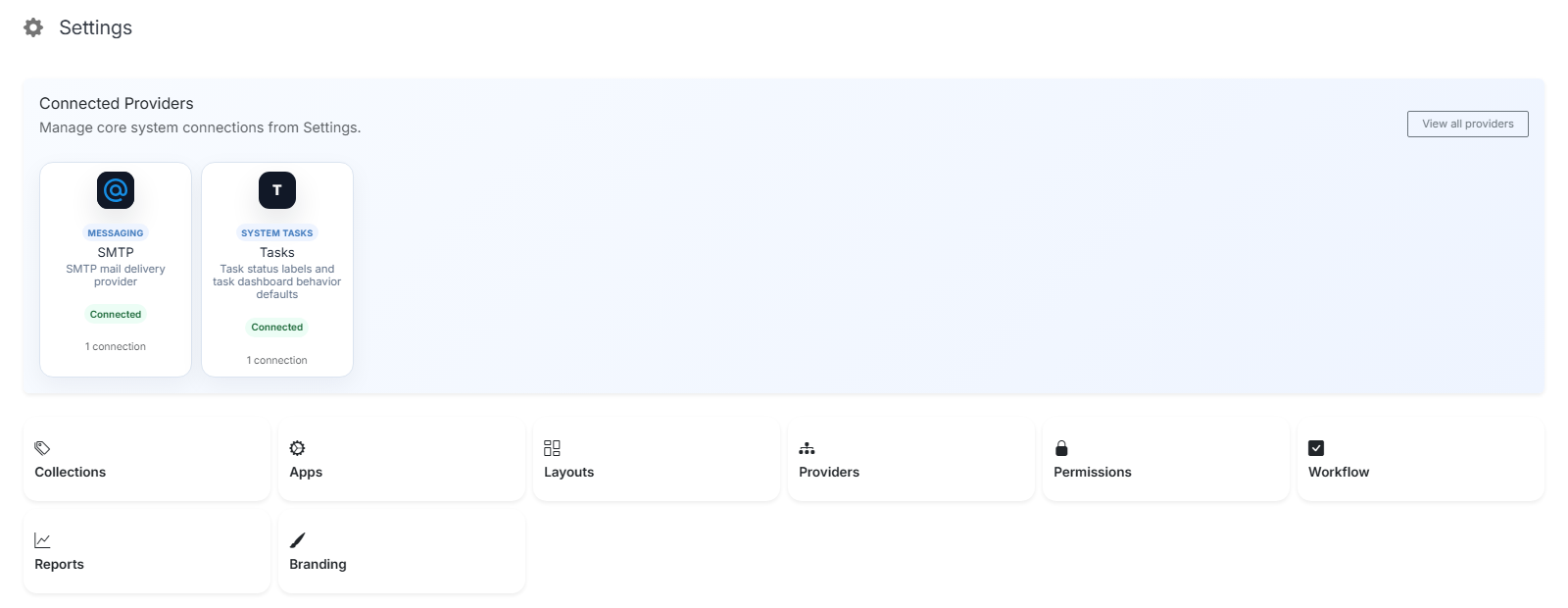 Settings dashboard: Connected Providers, and tiles for Collections, Apps, Layouts, Providers, Permissions, Workflow, Reports, and Branding