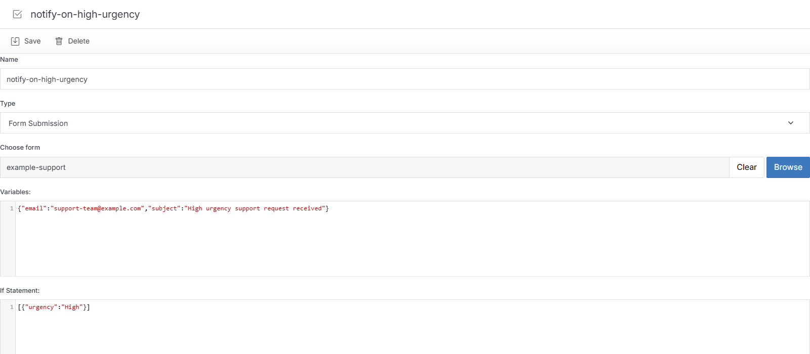 Workflow Overview showing a real Form Submission rule