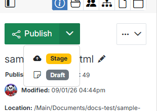 Publish button with Stage and Draft options