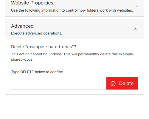Advanced section with the Delete confirmation