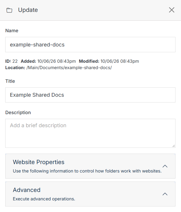 Update panel: Name, Title, Description