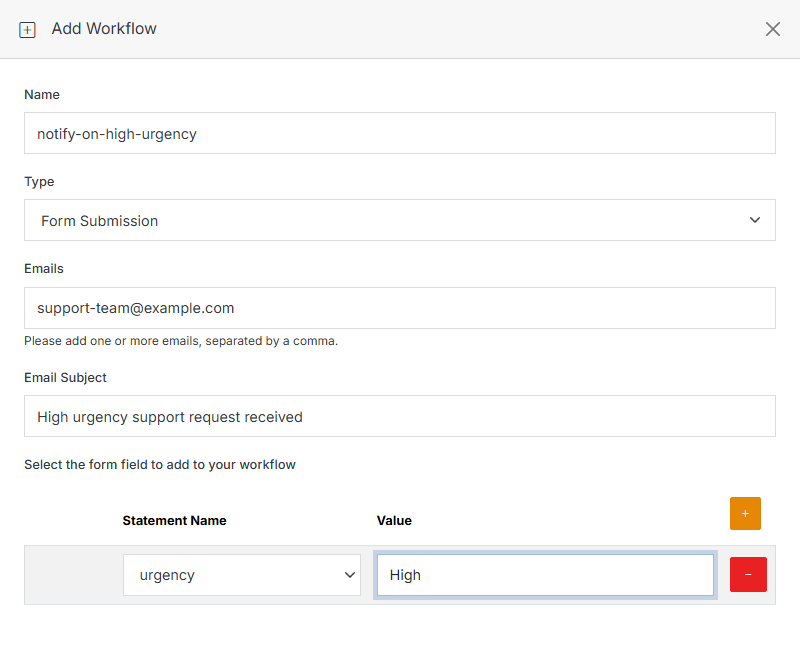 Add Workflow form filled out with a real conditional example