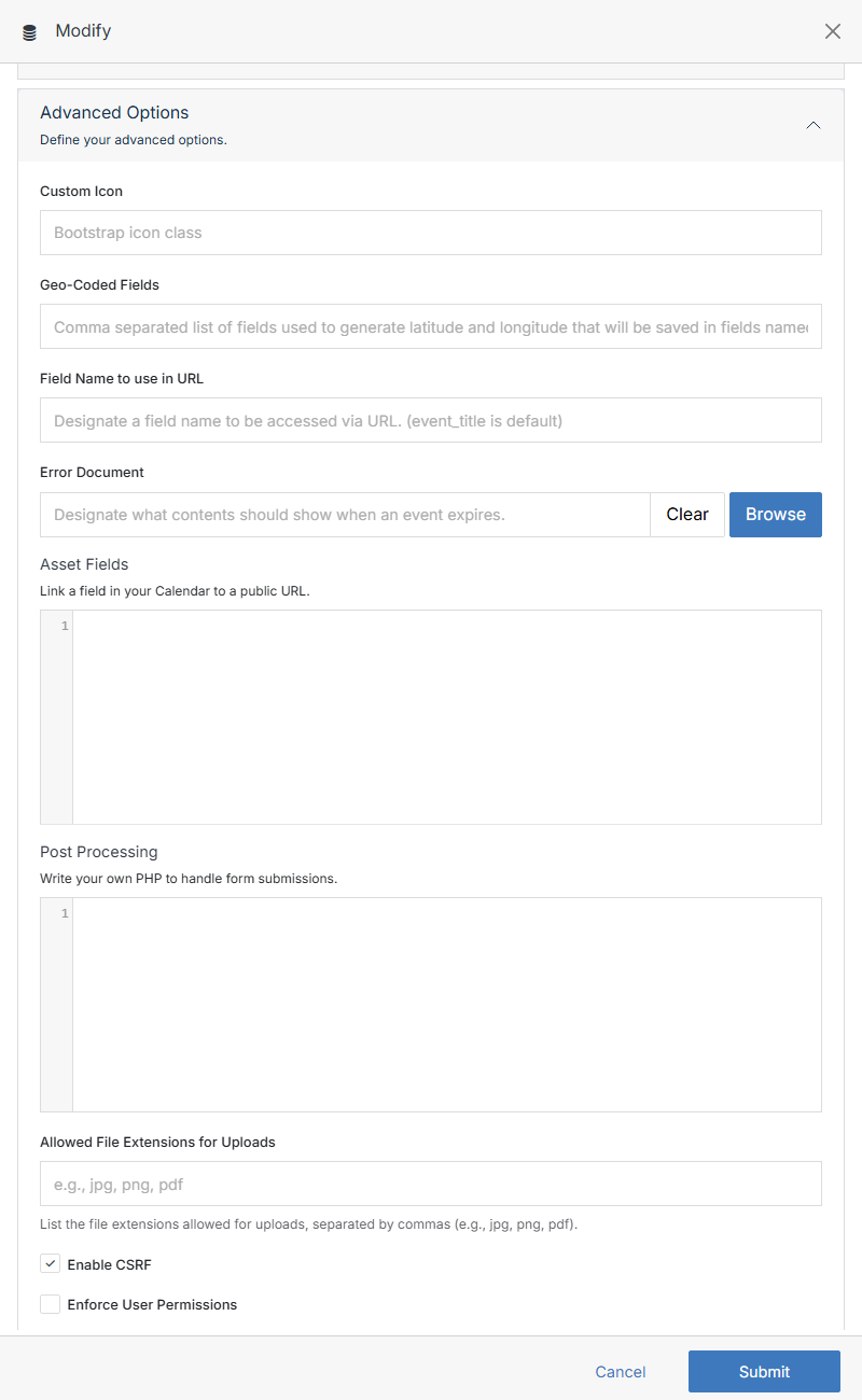 Advanced Options, form-specific fields