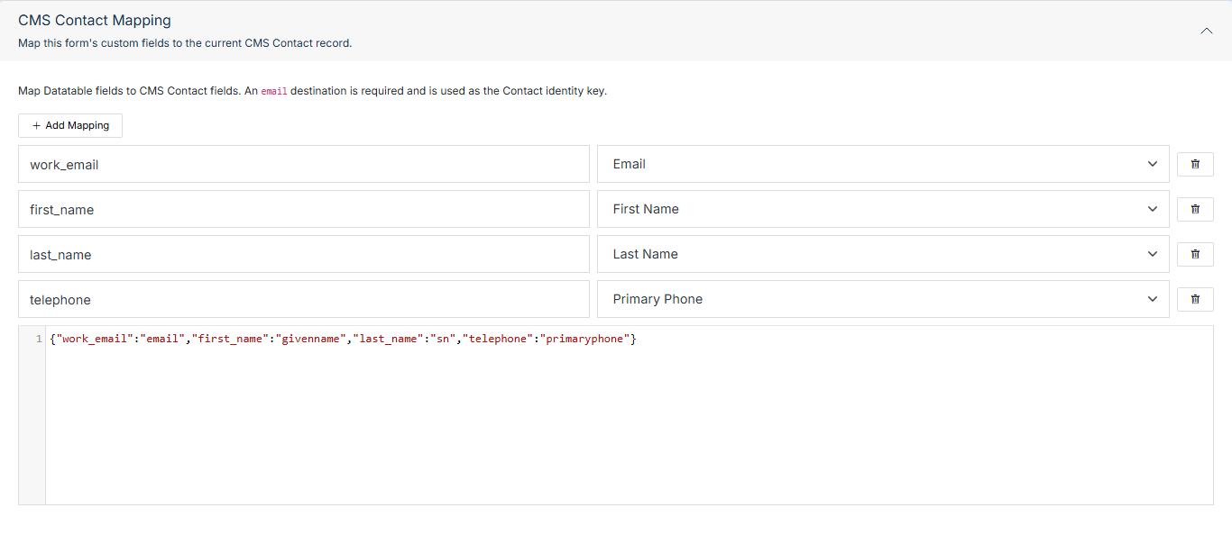 CMS Contact Mapping section with a custom field mapping