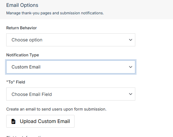 Email Options section with Custom Email selected, showing the To Field and Upload Custom Email button