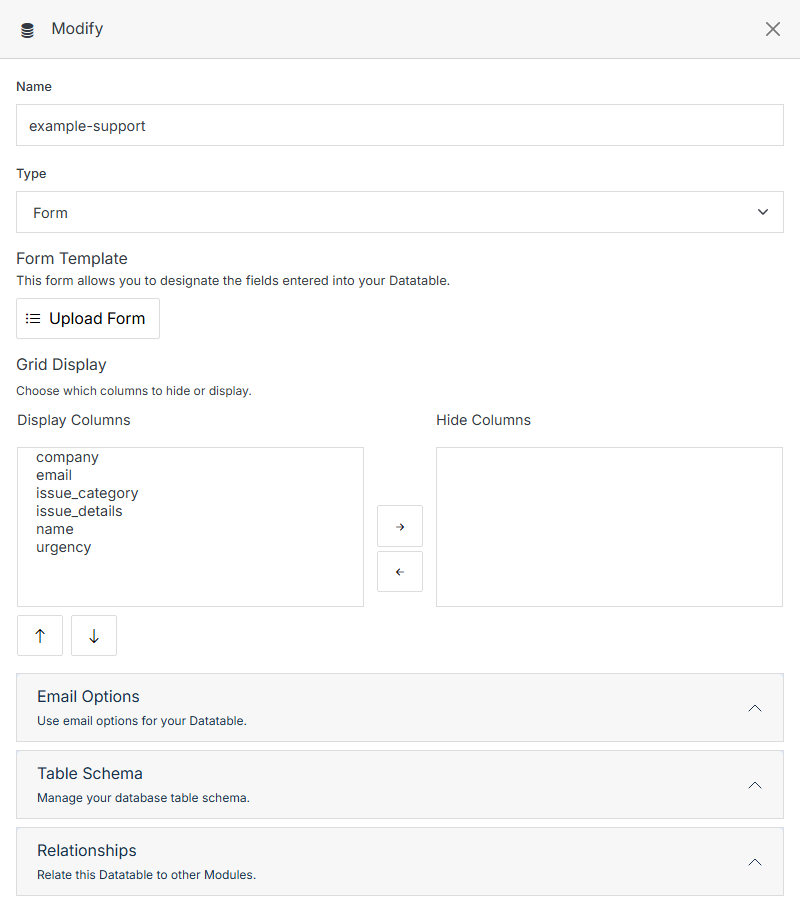 Modify panel: Name, Type, Form Template, Grid Display