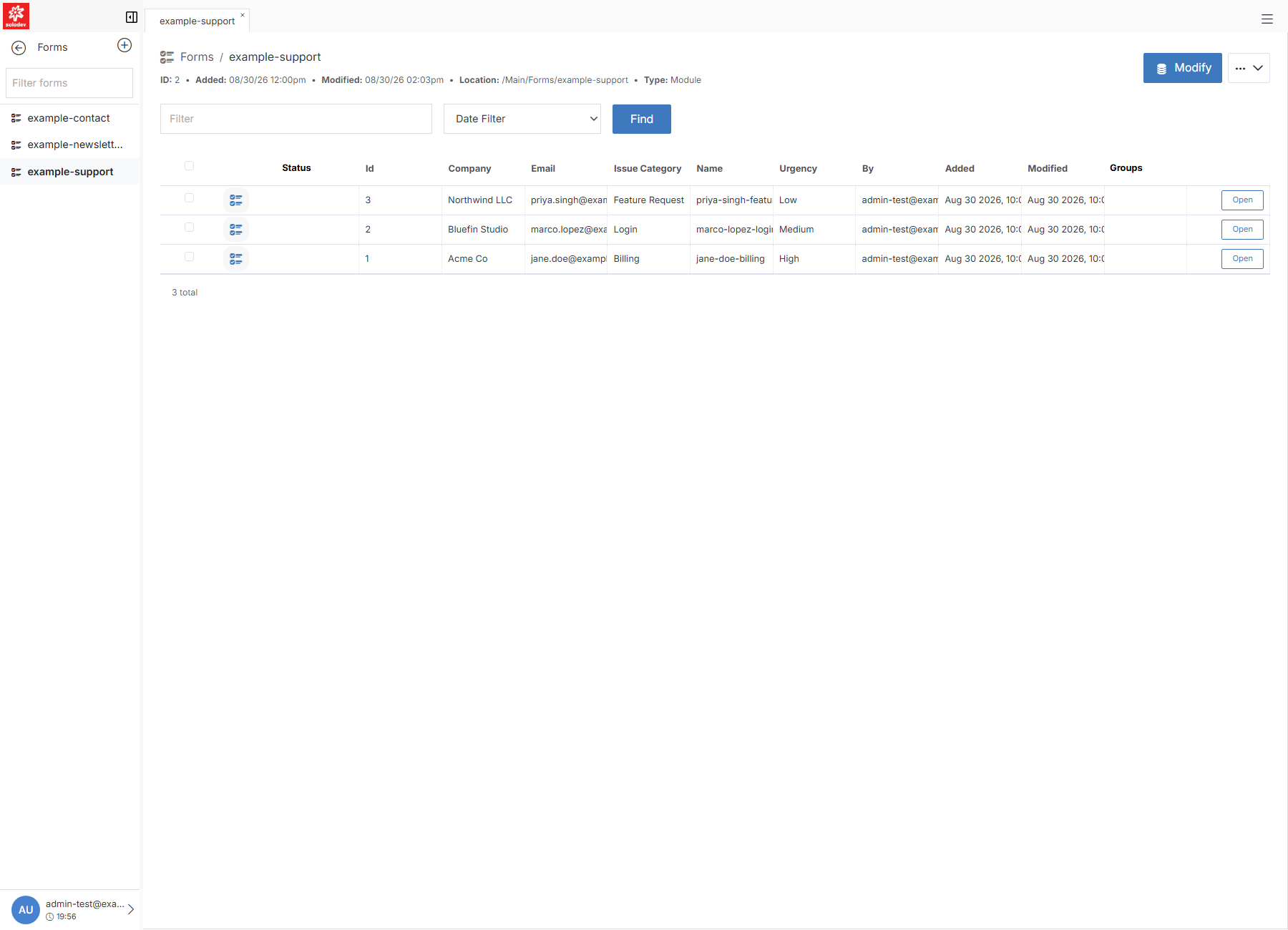 Form Overview for a Module Form with real submissions