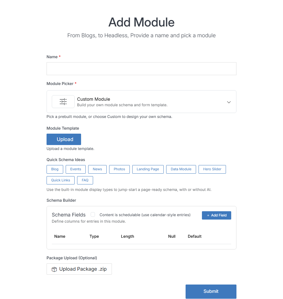 Add Module form with Custom Module selected, showing the Schema Builder