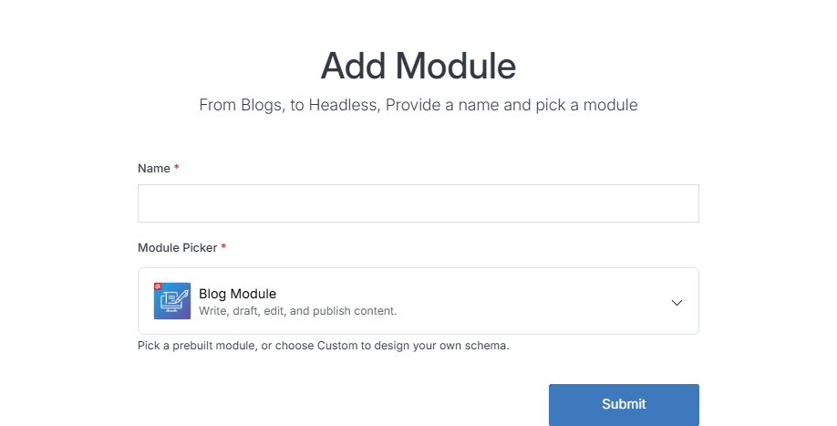 Add Module form with a prebuilt type selected