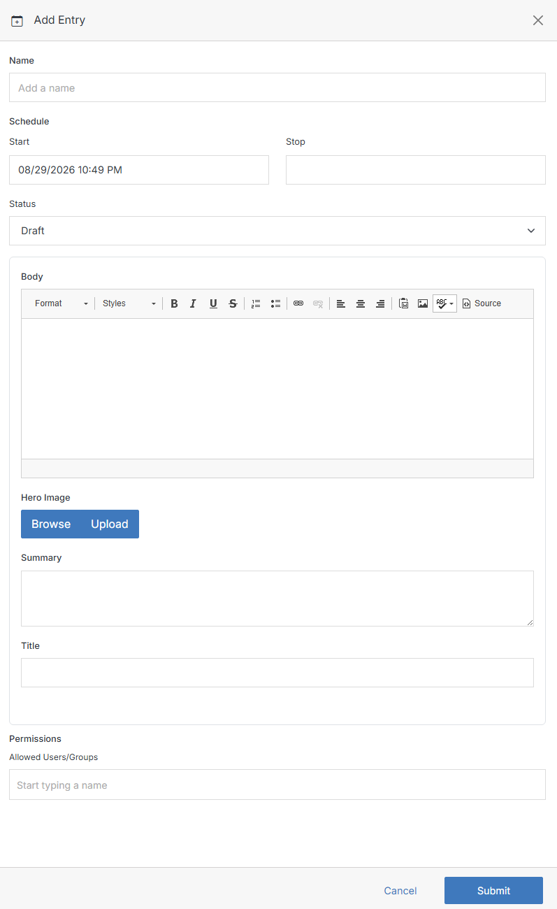 Add Entry form for a Blog module