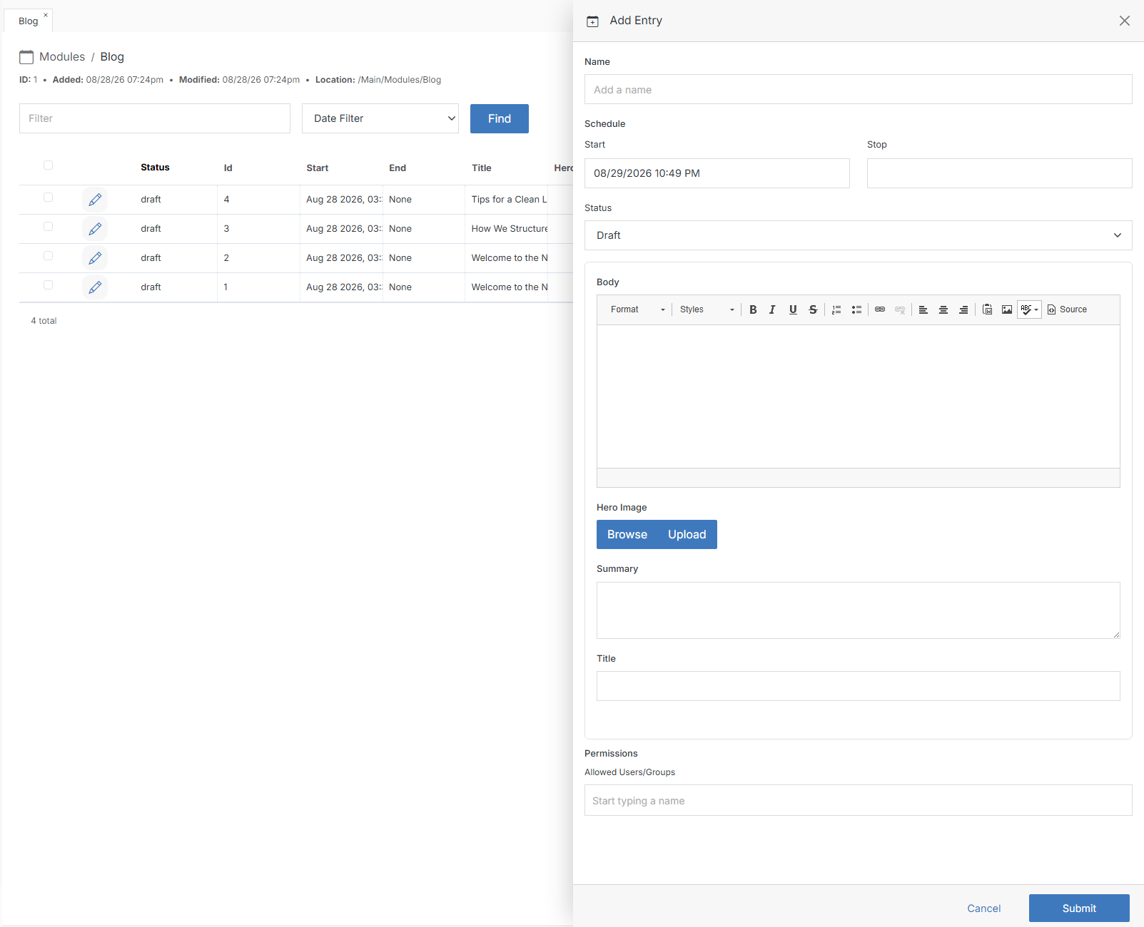 Add Entry form for a Blog module