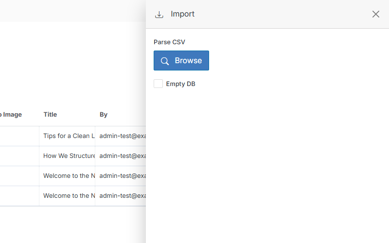 Import flyout: Parse CSV Browse button and Empty DB checkbox