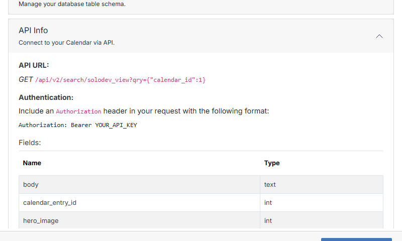 API Info section
