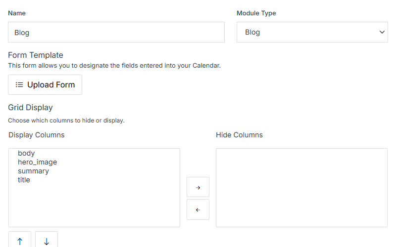 Modify panel: Name, Module Type, Form Template, Grid Display