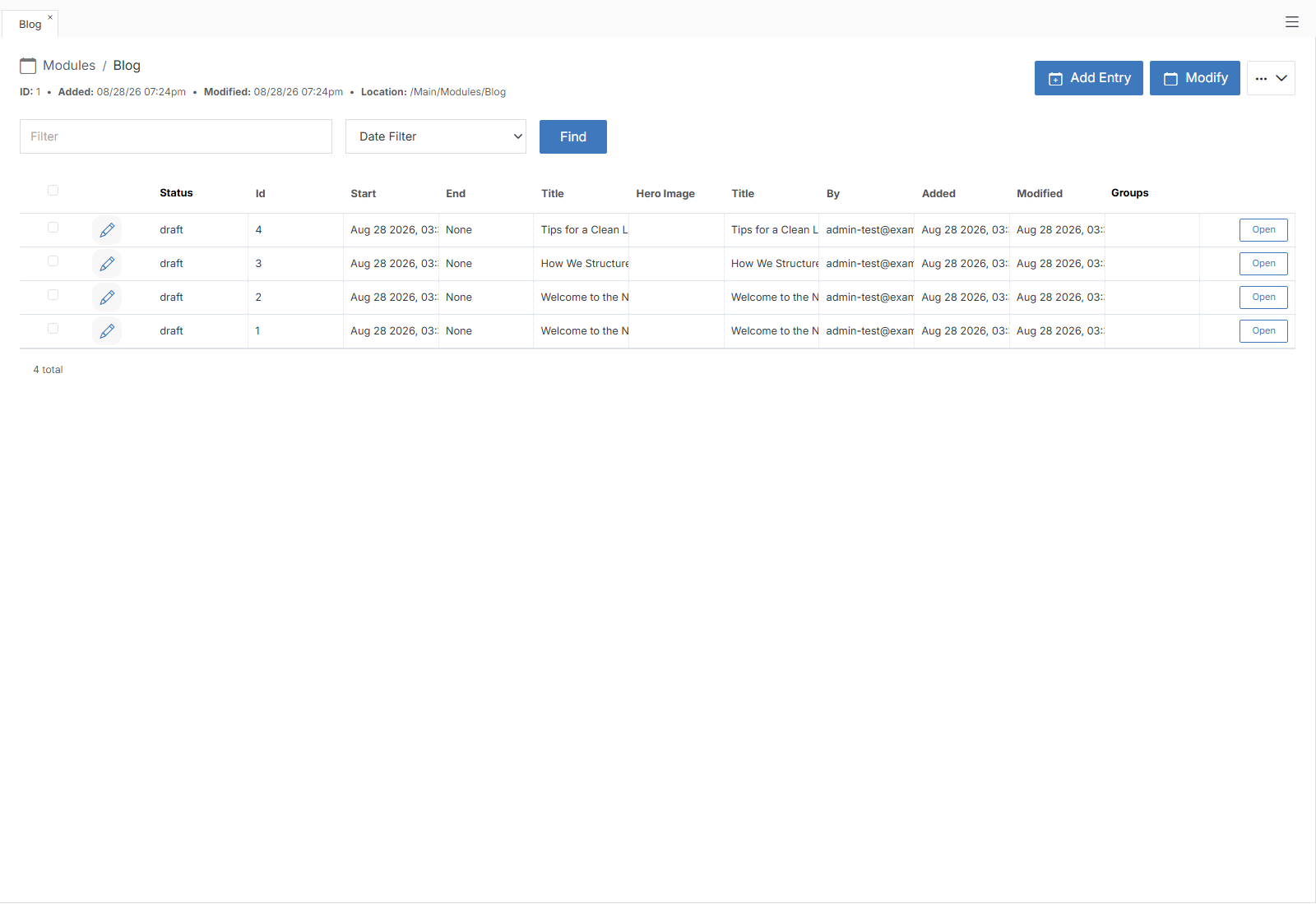 Module Overview with entries