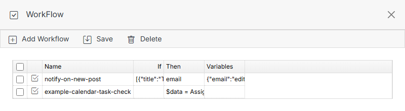 Workflow list for the Blog module with two real rules