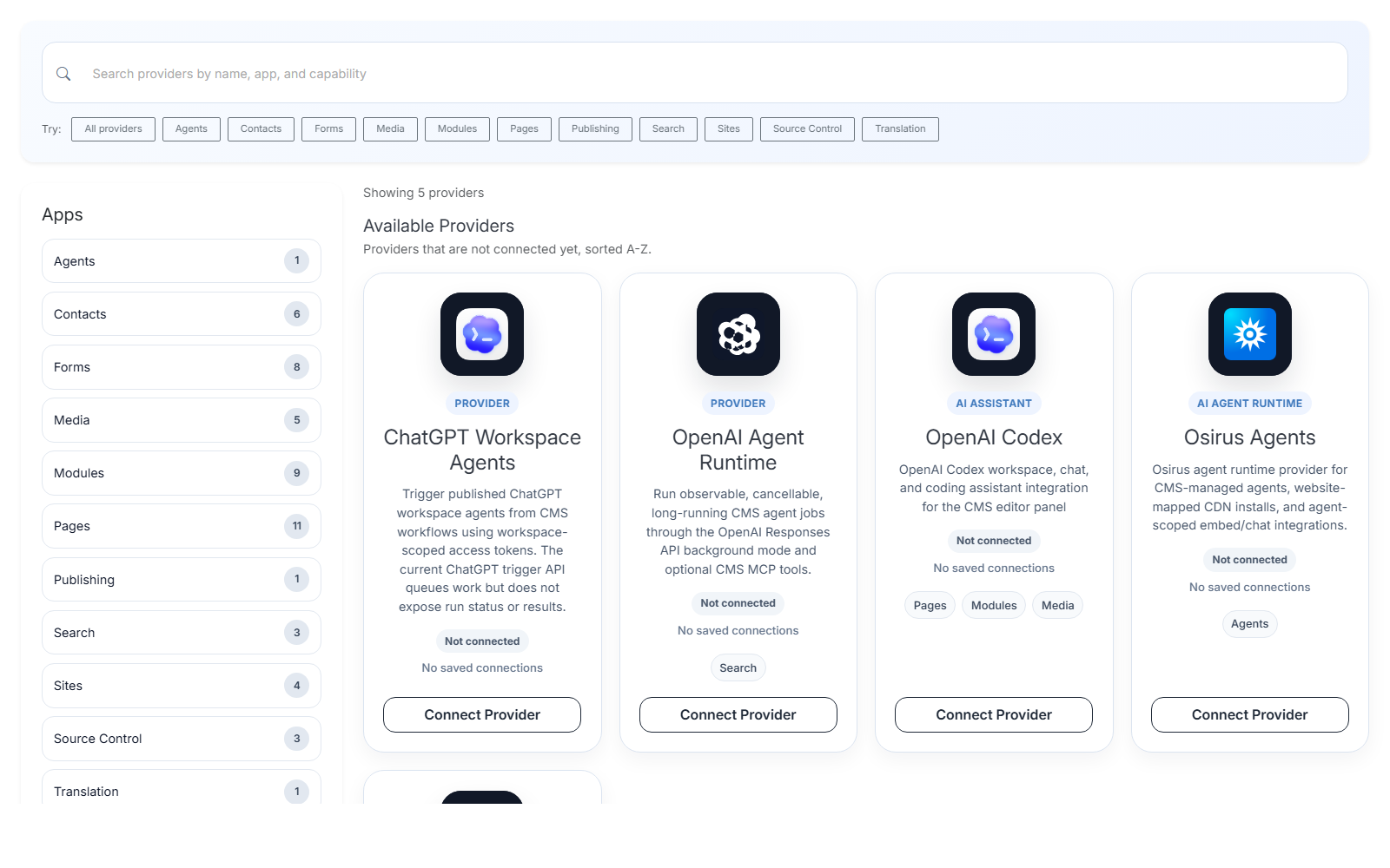 Agent providers available to connect