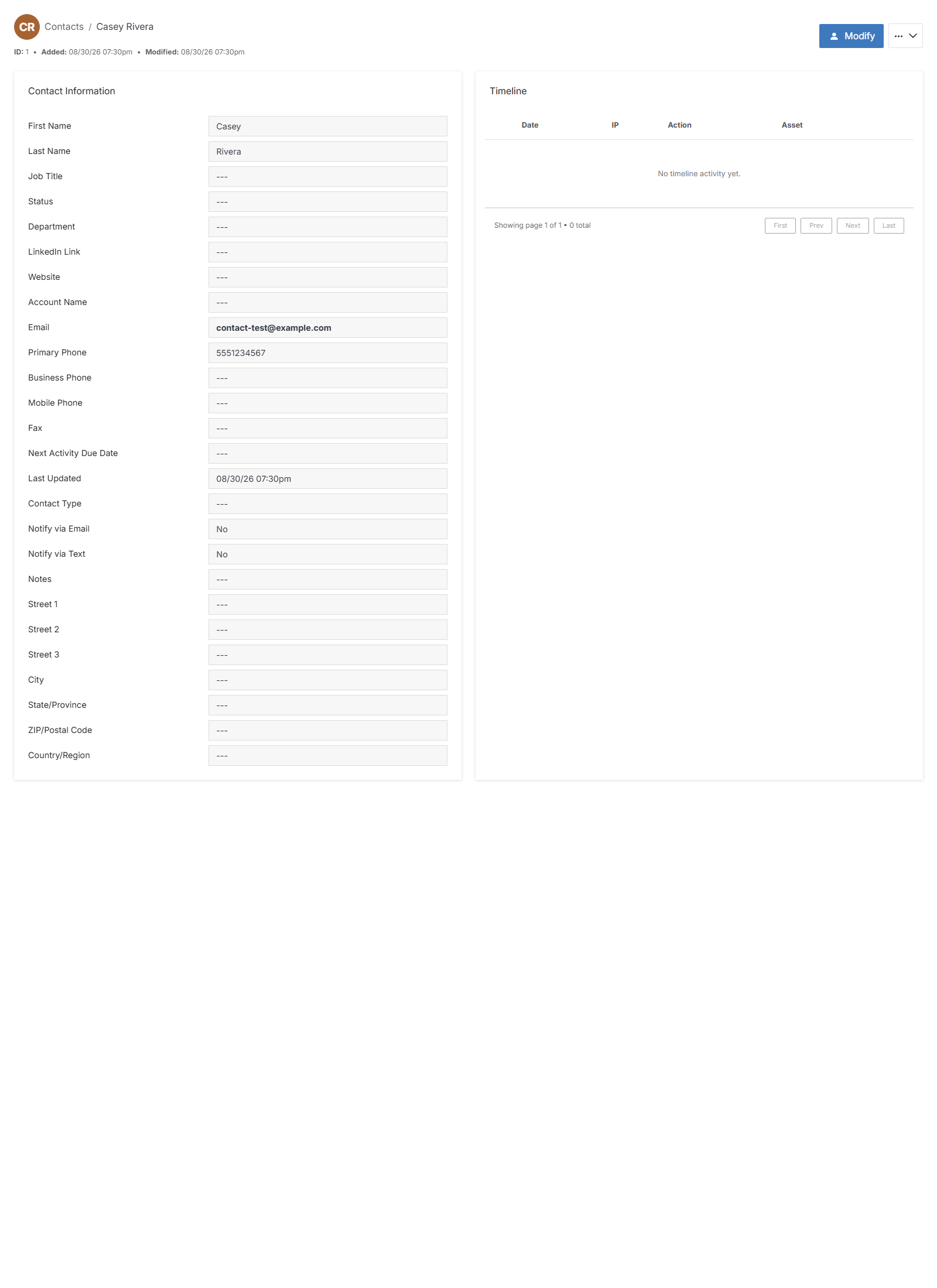Contacts Overview with real contact details