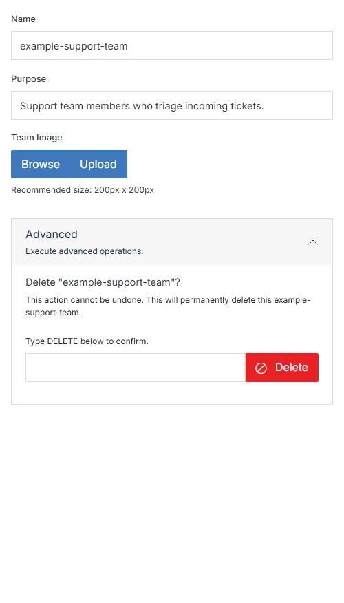 Advanced section expanded, showing the group delete confirmation
