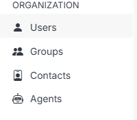 Organization nav group: Users, Groups, Contacts, Agents