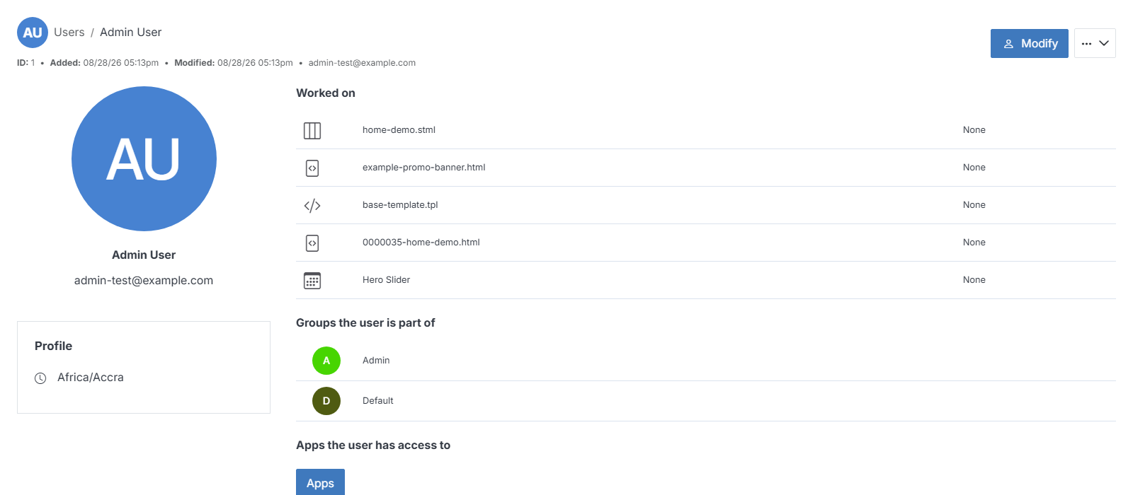 User Overview for a real user, showing Worked on, Groups, and Profile
