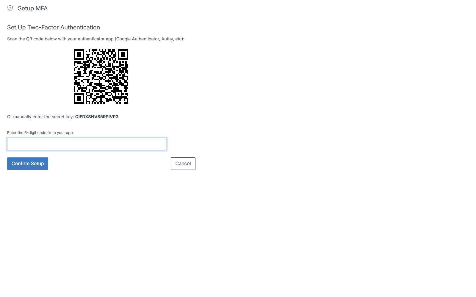 Set Up Two-Factor Authentication screen with QR code and secret key