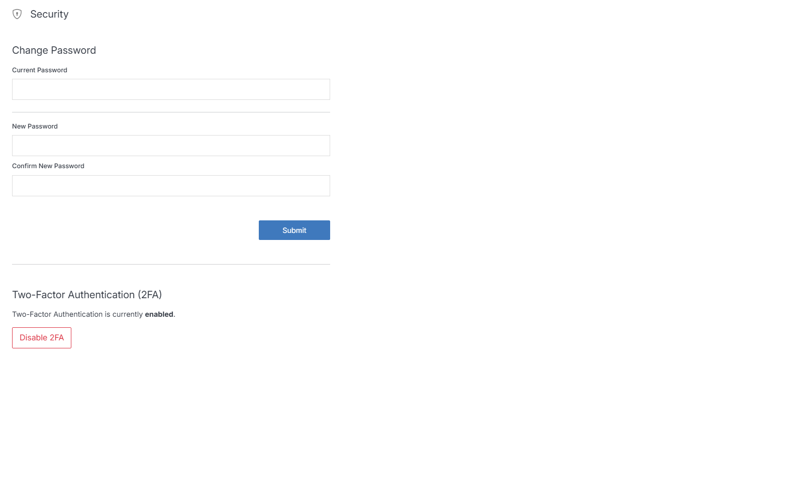 Security page with 2FA enabled