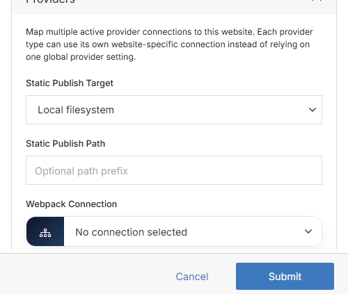 Webpack Connection picker inside Update Website's Providers section