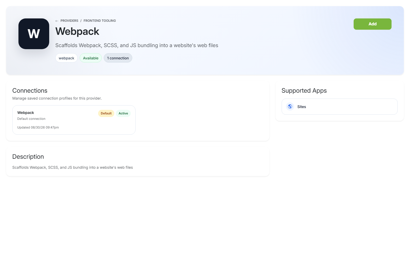 Webpack provider detail page