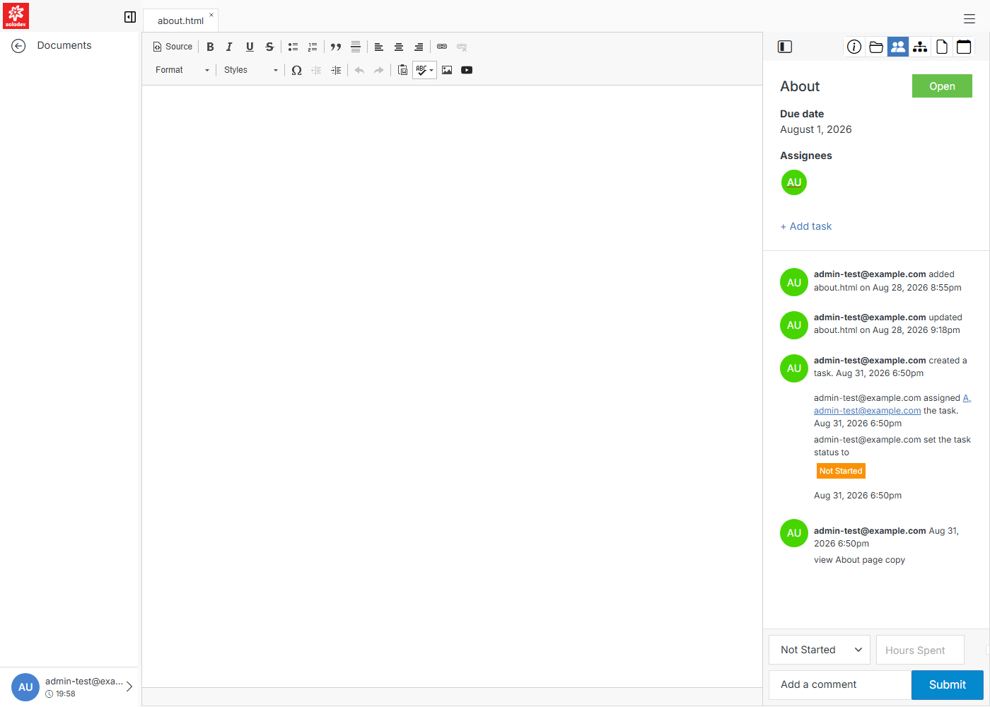 Task panel on about.html, showing a real assigned task and its activity feed