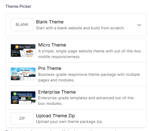 Theme Picker options: Blank, Micro, Pro, Enterprise, and Upload Theme Zip
