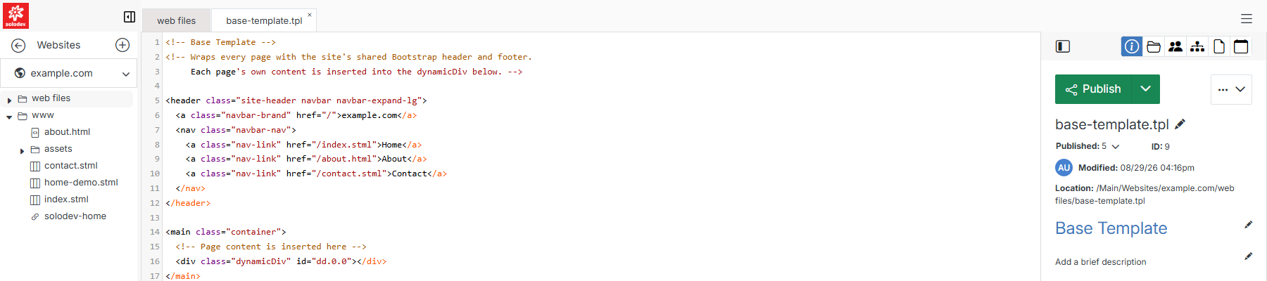 A template file open in the code editor