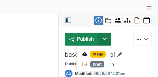 Publish button with Stage and Draft options