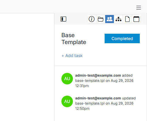 Tasks panel for a file, showing status and activity