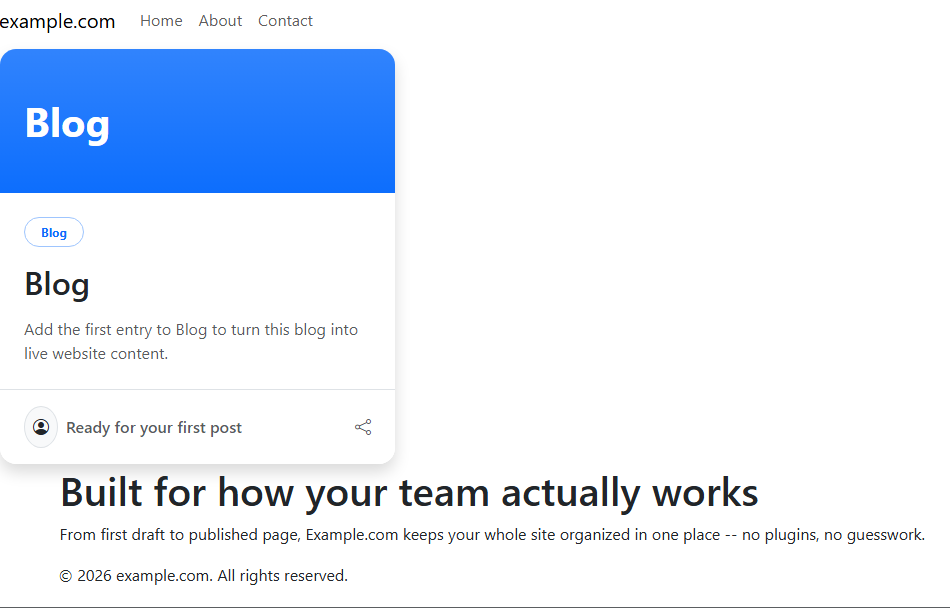 A real page built from a base template, a Blog module, and shared header/footer