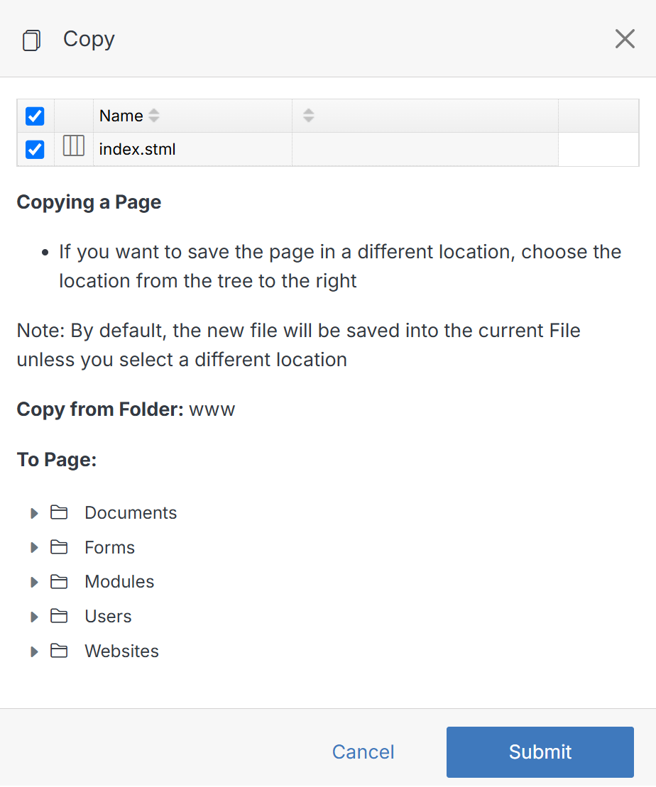 Copy panel for a page