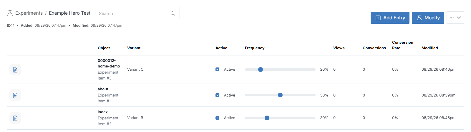 A three-variant A/B/C test with a 50/30/20 traffic split