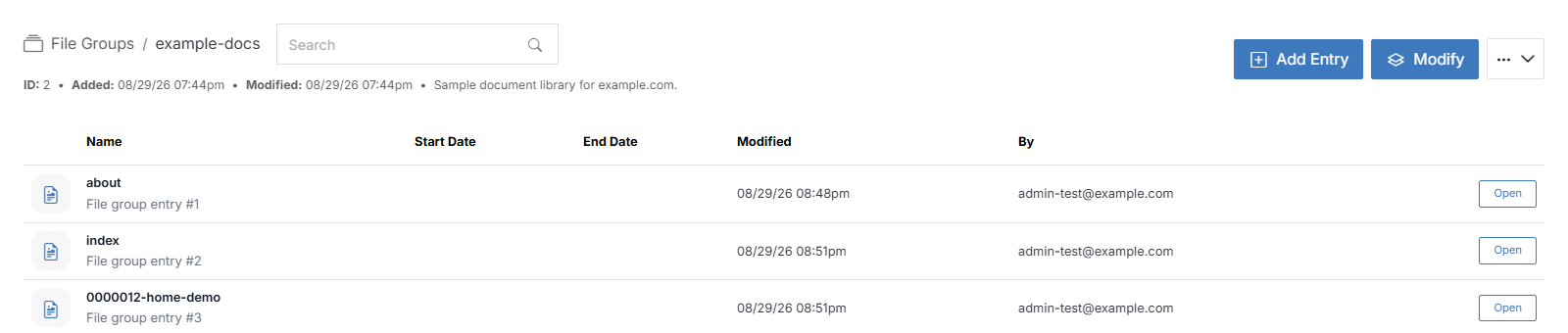 A file group with three real files attached