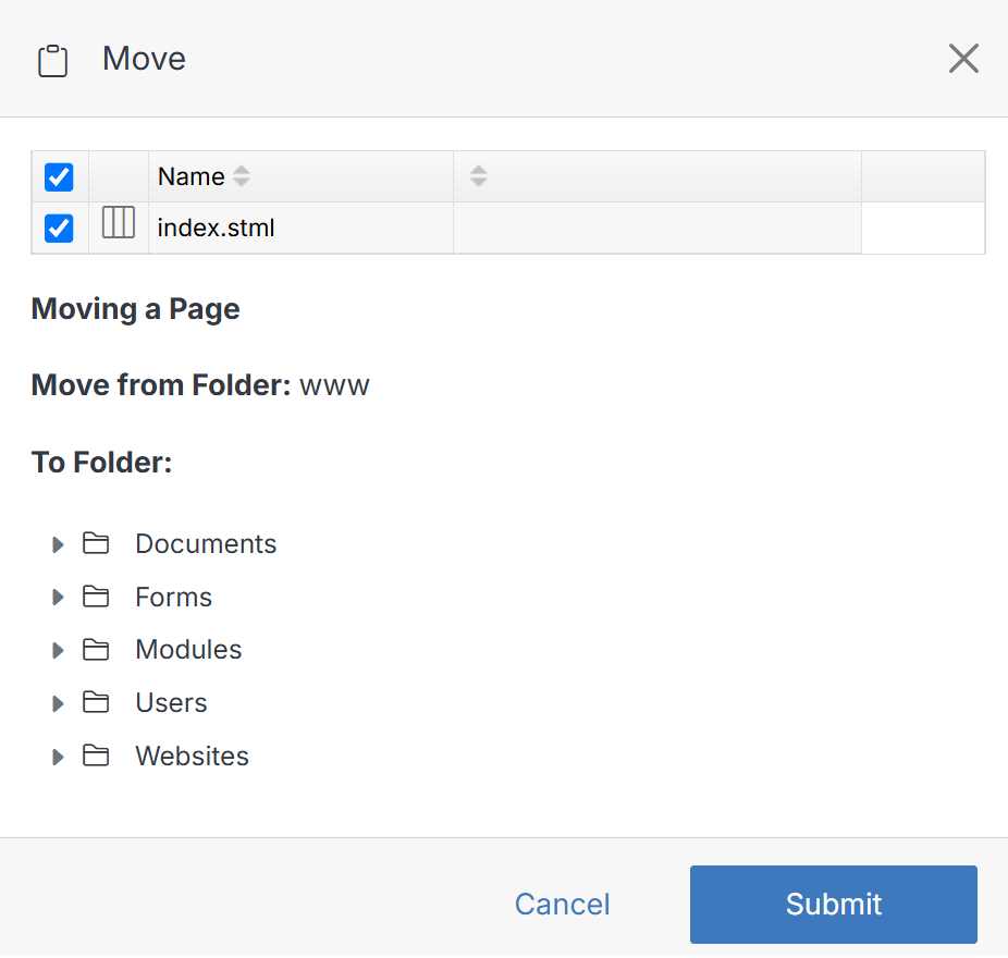Move panel for a page