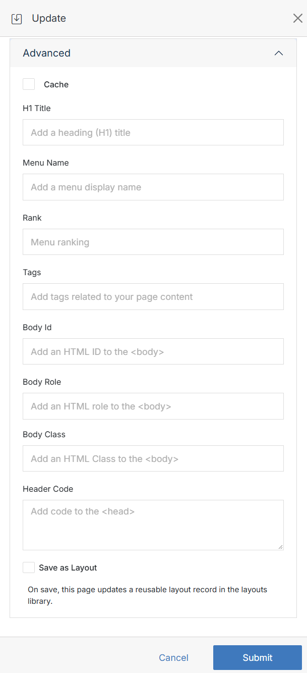 Advanced options on metadata panel