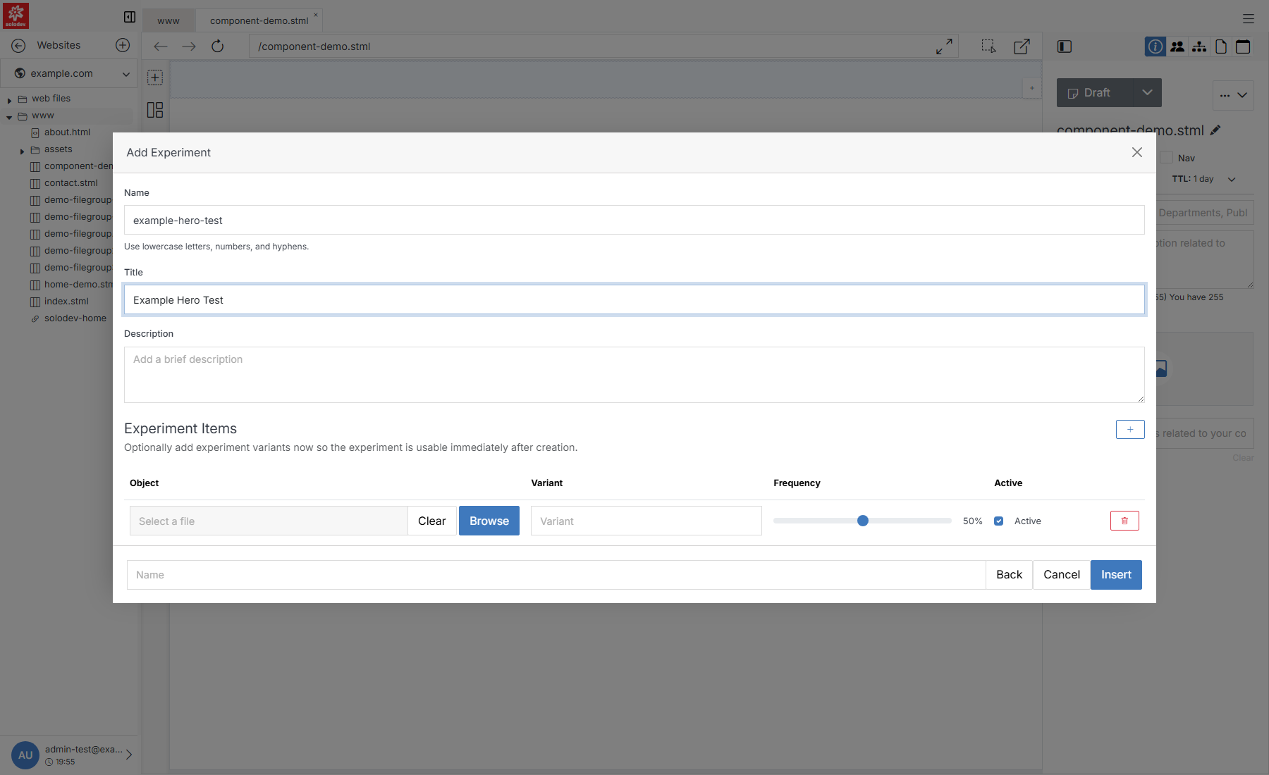 Add Experiment form