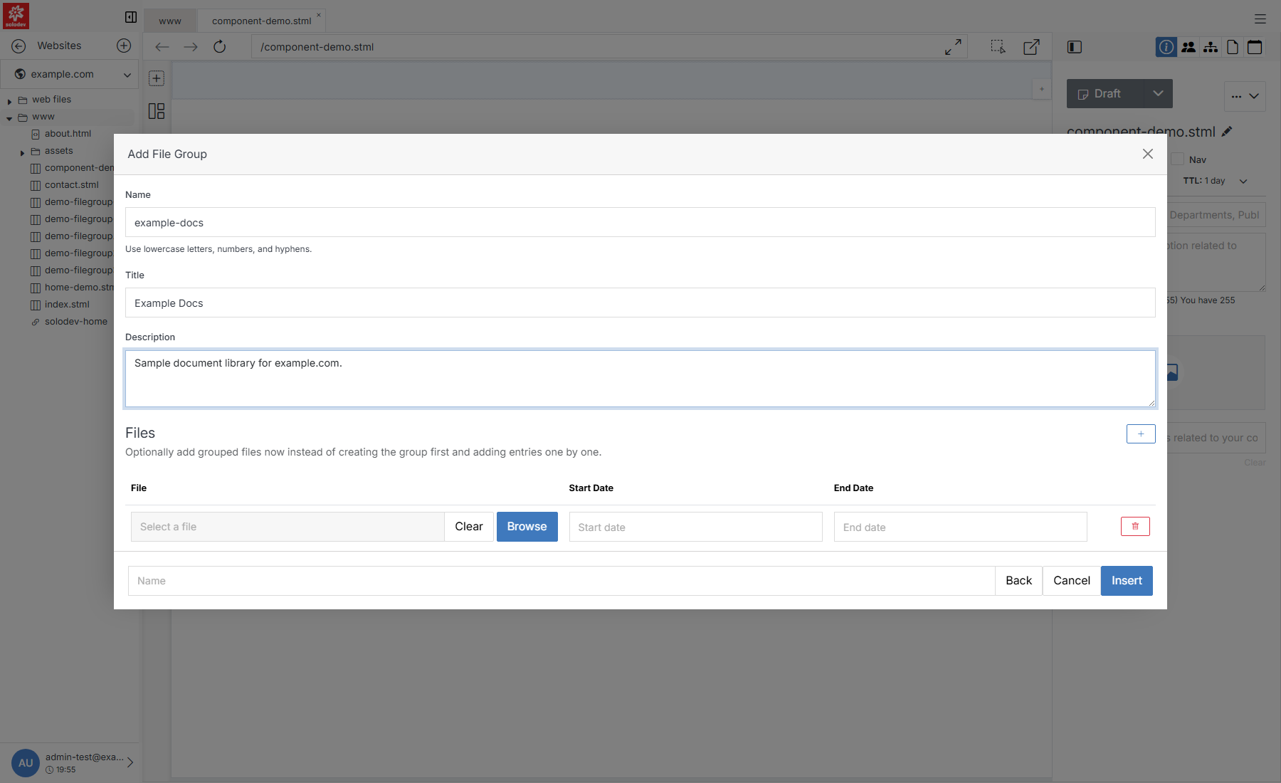 Quick Add File Group form